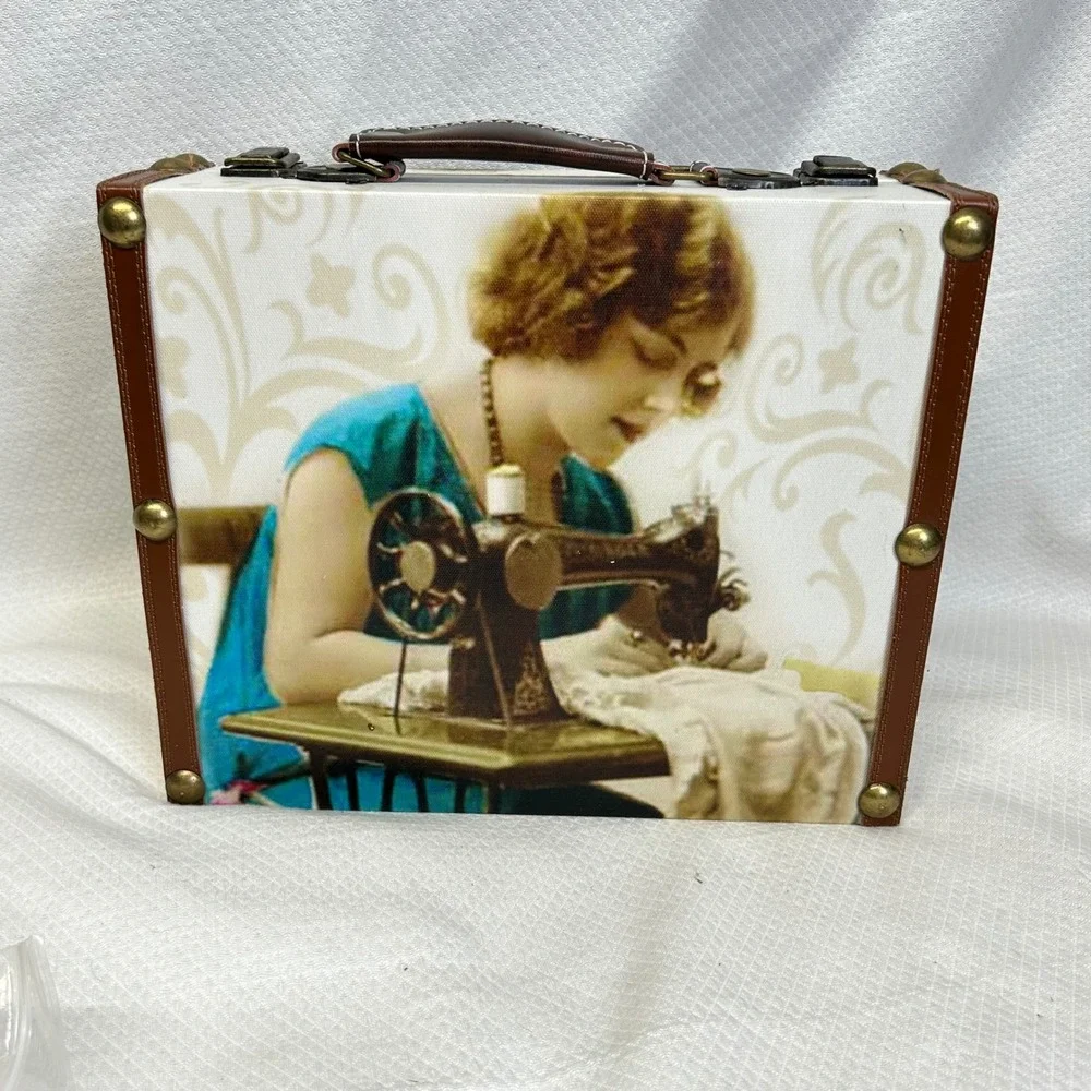 Vintage Style Wooden Sewing Box Canvas Wrap Graphic Storage Trunk with Handle